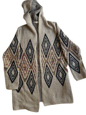 Boho Hooded Geometric Open-Front Cardigan